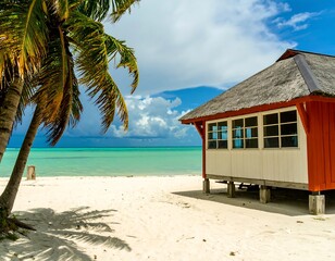 Tropical beach hut on white sand