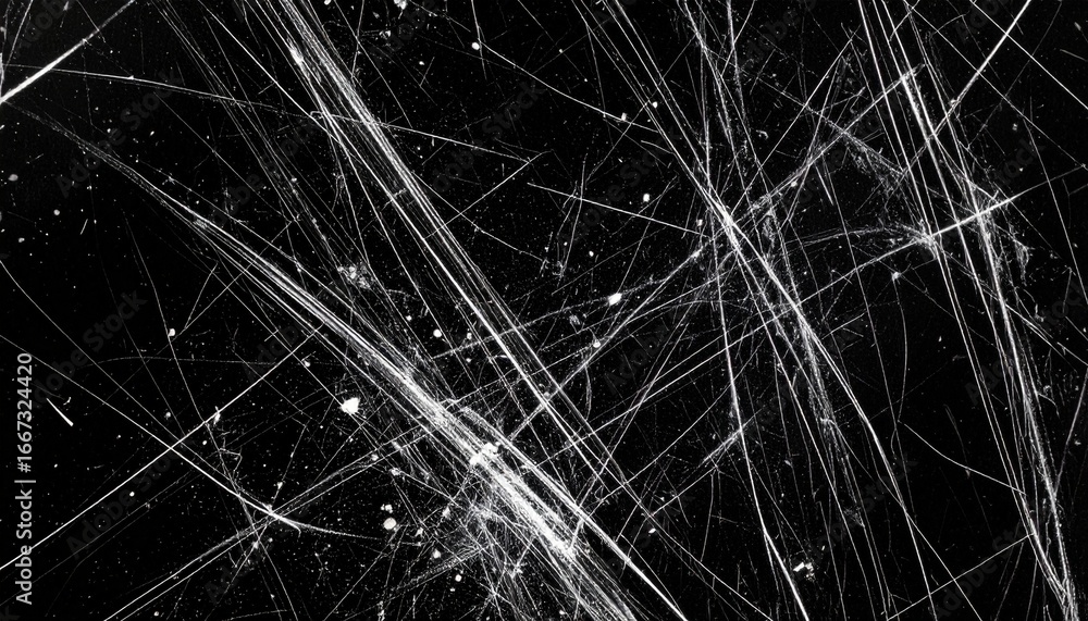 Poster abstract white scratch lines on black background with randomly spattered arrangement