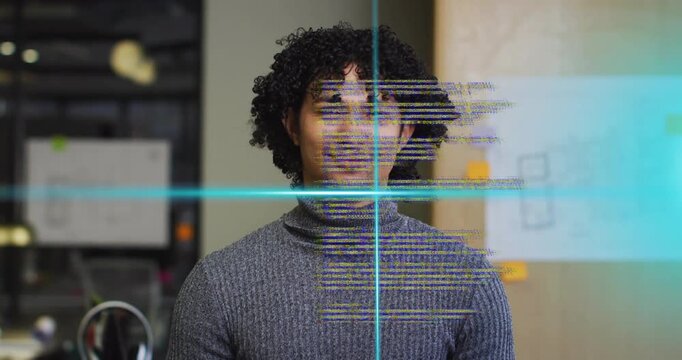 Tech dev watching blue scanlines crossing face as code sliding glitching revealing sticky notes