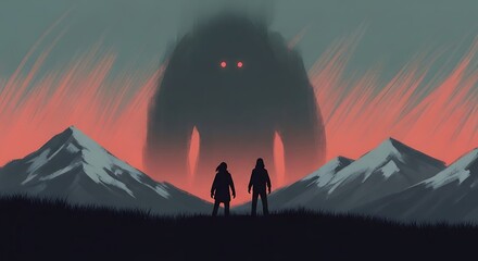 Giant Creature and Two Figures in Mountain Landscape.