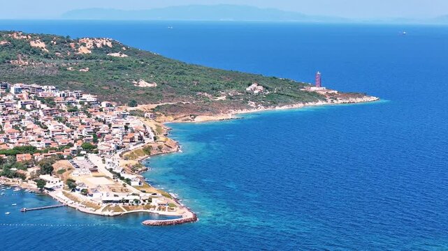 Yenifoca 4k drone video with its marina and beaches in Foca, Izmir, Turkiye.