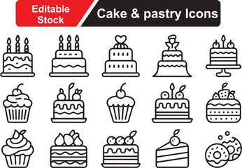 Cake and pastry glyph icon set. Vector pictograms of cupcake, muffin, layered cake, tart, sweet dessert, bakery, icing, chocolate, cream, and pastry, black sign silhouette illustration.