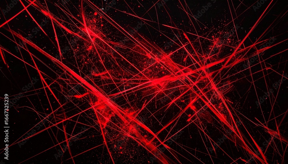 Poster abstract red scratch lines on black background with randomly spattered arrangement