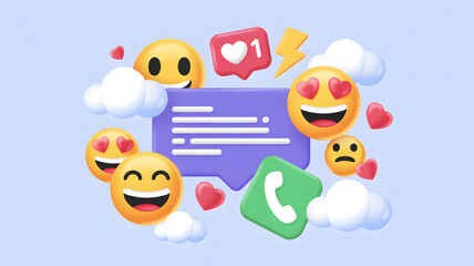 3D social media icons with emojis and message bubble