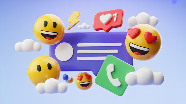 3D social media icons with emojis and speech bubble