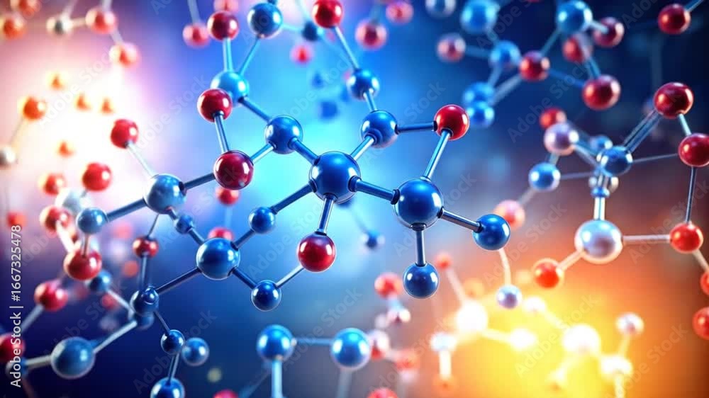 Poster abstract molecule structure with blue and red atoms on a blurred gradient background science and tec