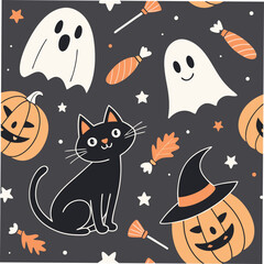 Seamless halloween pattern with cute ghosts black cats and pumpkins vector illustration vector
