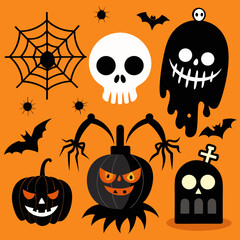 Creepy halloween clipart set jack o lantern ghost skull spiderweb bats tombstone vector illustration vector