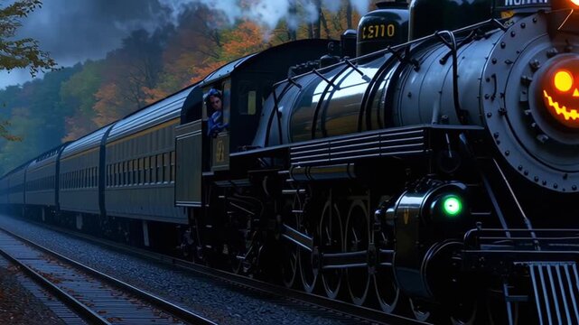 Spooky steam engine bearing jack o' lantern visage gliding through fiery autumn forest, creating haunting silhouettes across misty woodland under dark night sky