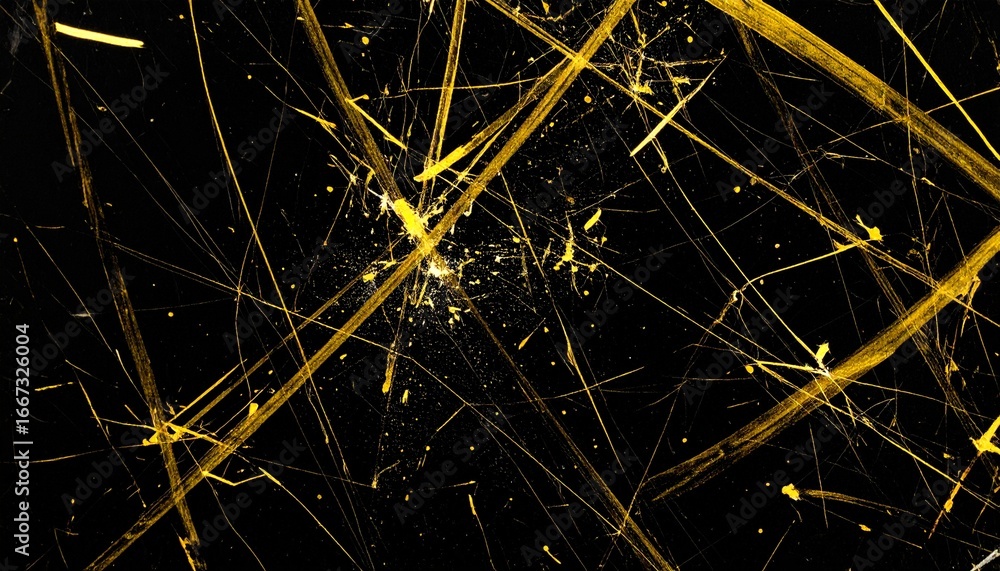 Poster abstract yellow scratch lines on black background with randomly spattered arrangement