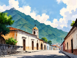 Colonial houses with a church and a mountain in the background art