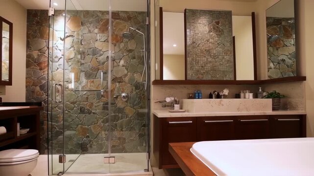 Modern bathroom with stone shower and soaking tub
