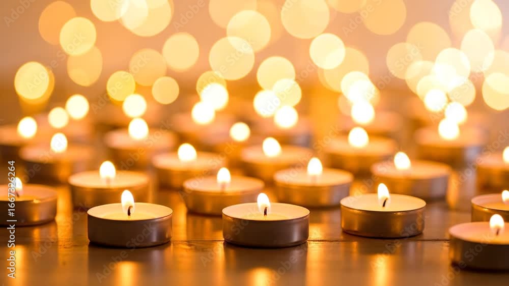 Poster rows of candles with warm glowing flames on a reflective surface creating bokeh lights for a serene 