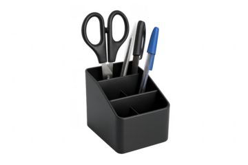 Black desk organizer holding scissors, pens, and highlighter on transparent background