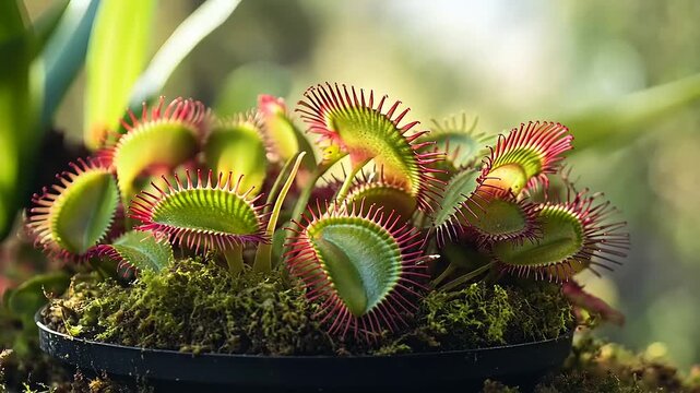 Vibrant Venus Flytrap in Lush Greenery with Moss