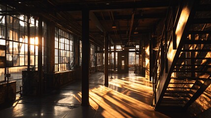 Interior space with large windows sunlight and wooden beams creating shadows.
