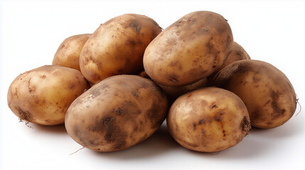 Potatoes fresh from harvest styled on white background, ideal for nutrition, cooking and rustic kitchen concepts.