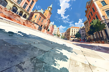 View from below: Colonial houses with a church and a mountain in the background