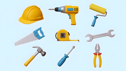 Collection of cartoon construction tools on a blue background