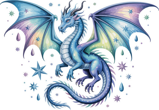 A magnificent blue dragon with iridescent wings stands gracefully, surrounded by sparkling stars and teardrop shapes.