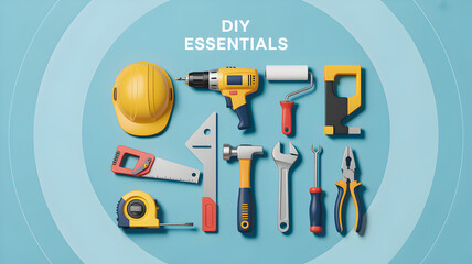 DIY essentials tools arranged on a blue background with text