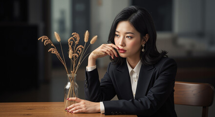 A contemplative woman with a serious, thoughtful expression sits at a table, lost in her thoughts and a state of deep reflection and quiet resolve.