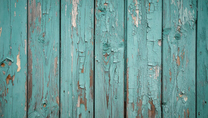 Naklejka premium Peeling turquoise paint on old wooden planks creates rustic and textured surface with visible wood grain and weathered imperfections, evoking vintage and worn aesthetic