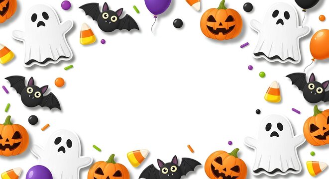 Spooky Halloween Border Design with Ghosts, Bats, and Pumpkins