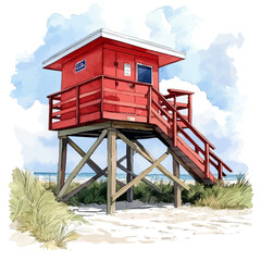 watercolor vector of Lifeguard Tower Beach View, isolated on a white background.