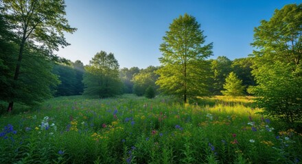 Fototapeta premium Lush meadow ablaze with wildflowers under a serene sunrise sky