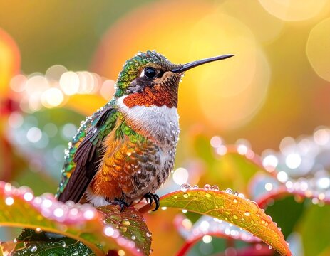 Seekor burung kolibri mandi di dedaunan yang tertutup embun, tetesan air yang berkilauan, latar belakang alam yang semarak,