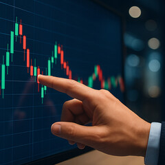 Close-up of a hand pointing at a digital stock chart with red and green candlesticks on a dark blue screen. The scene reflects financial analysis, trading decisions, and investment strategy
