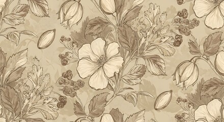 Vintage Floral Elegance: A seamless pattern of delicately drawn flowers and foliage in soft sepia tones. This timeless design exudes vintage charm and artistic sophistication. 
