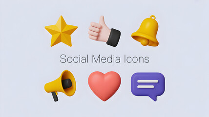 Social Media Icons Text with Six 3D Icons star thumbs up