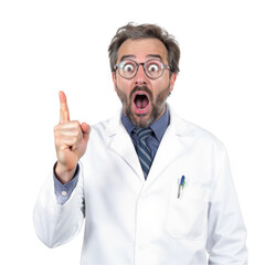 Shocked scientist with finger raised pointing upward expressing eureka moment or important discovery in lab coat