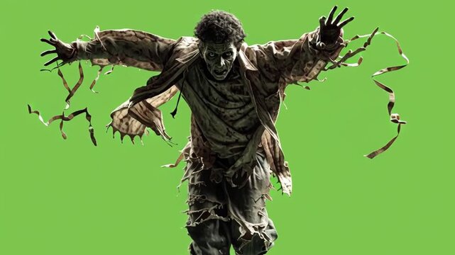 A zombie character jumping with arms outstretched against a vibrant green background in full view green screen halloween video