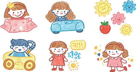 Cute cartoon girls playing with toy cars and colorful flowers in cheerful summer scene vector illustration