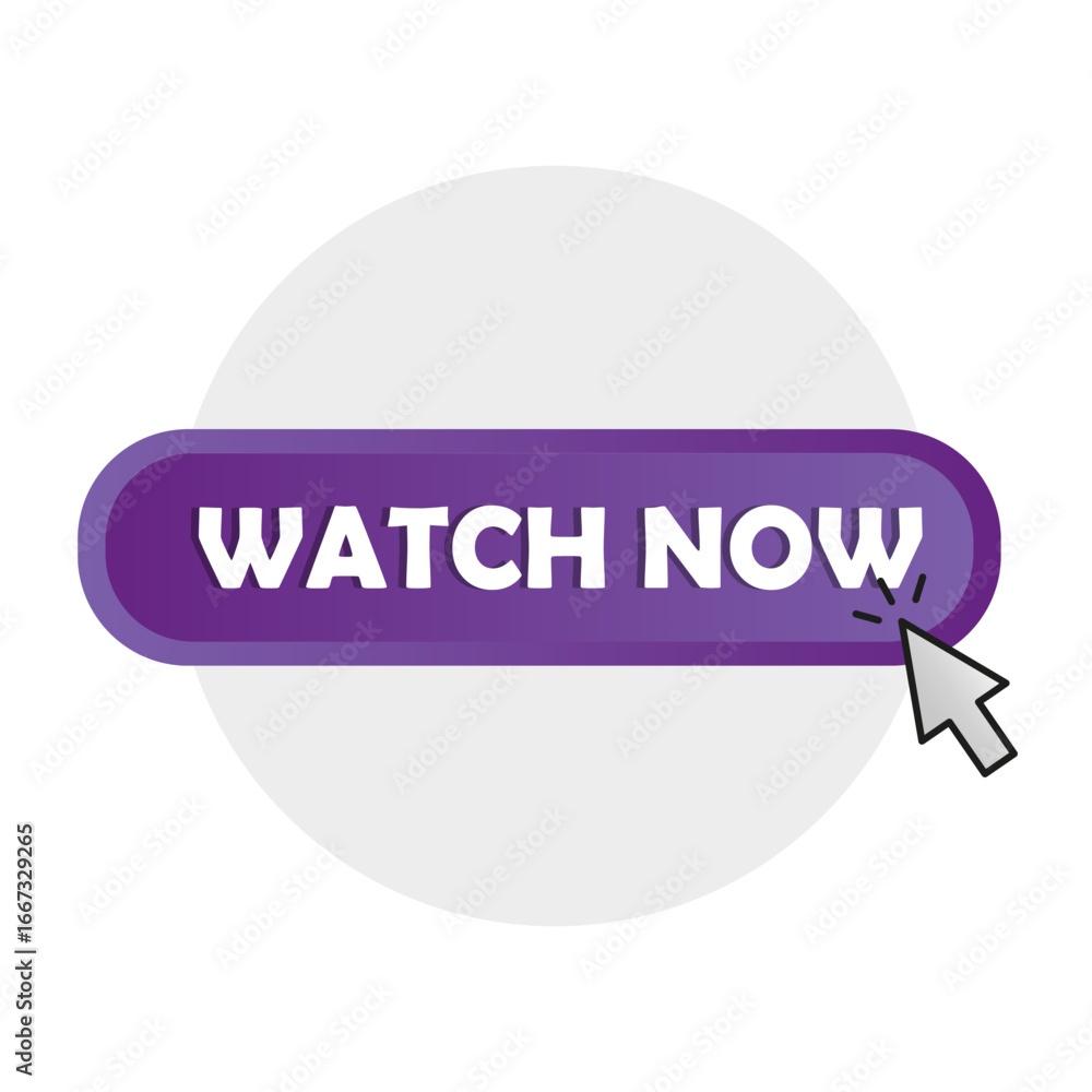 Poster watch now button. mouse cursor pointer. violet call to action. vector web interface.