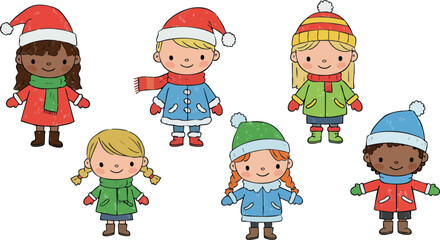 Fototapeta premium Children wearing colorful winter clothes and festive hats celebrating Christmas holiday vector illustration