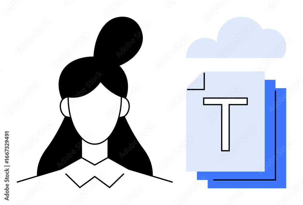 Poster minimalistic female avatar paired with cloud shape and document pile. ideal for teamwork, file shari