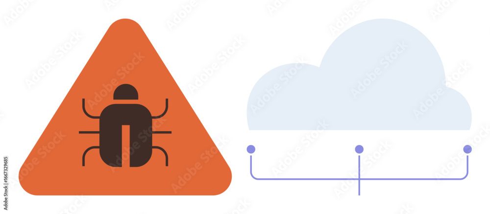 Poster orange warning triangle with bug icon next to a stylized cloud and lines representing connections. i