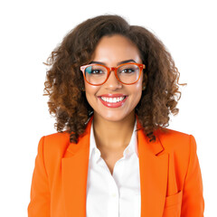 Obraz premium Smiling young professional woman wearing glasses and an orange blazer confidently posing for a headshot portrait