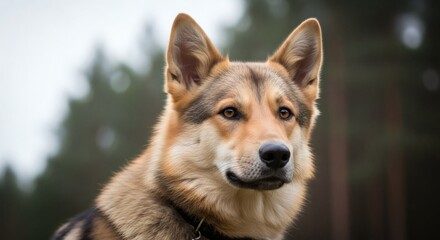 Fototapeta premium Majestic Wolfdog Portrait Outdoors Observing Forest Environment Capturing Wild Nature Spirit Loyal Companion Concept