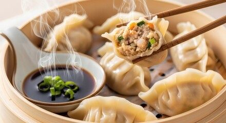 Delicious Steaming Dumplings in Bamboo Steamer with Soy Sauce and Green Onions Delicious Asian Cuisine