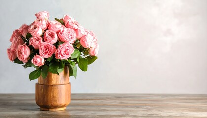 Pink roses in wooden vase
