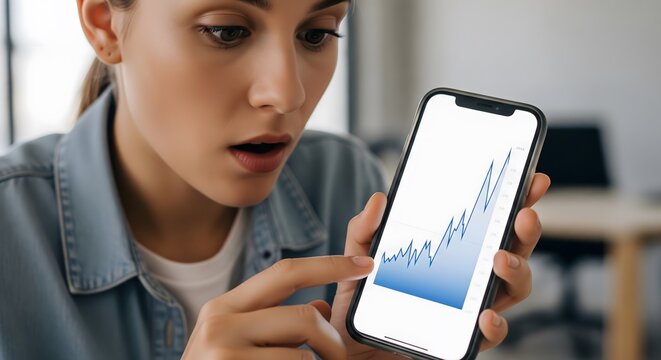 Woman analyzing stock market growth on smartphone app investment financial chart and business data analysis - Powered by Adobe