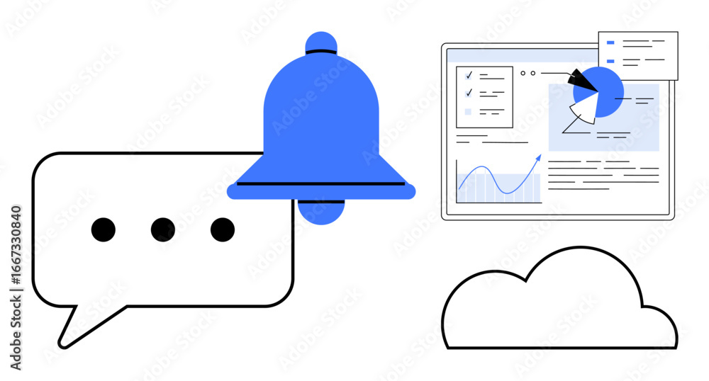 Poster speech bubble, notification bell, cloud, and data dashboard with charts and graphs. ideal for commun