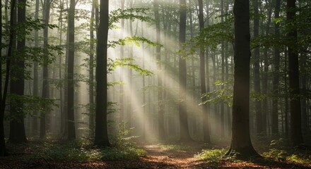 Obraz premium Sunlight beams through the trees in a dense, lush green forest creating a magical atmosphere, sun rays penetrating the canopy