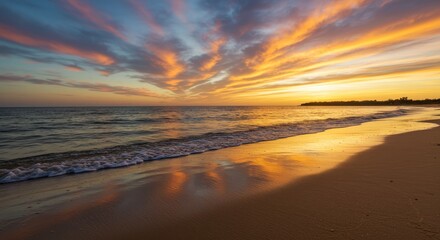 Dramatic sunset over a calm beach, with colorful clouds reflecting on the wet sand and gentle waves