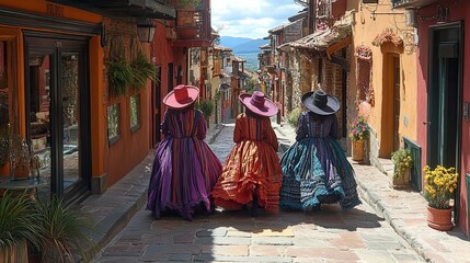 Fototapeta premium Three Women in Traditional Dresses Walking Down a Colorful Street in San Miguel